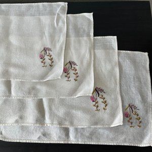 Hand Embroidered Linen Hemstitch Placemats // Set Of 4 // Vintage